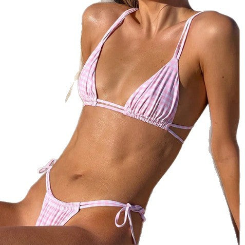 Dame trekant-bikini med justerbare stropper og delikat ternet mønster Skovae