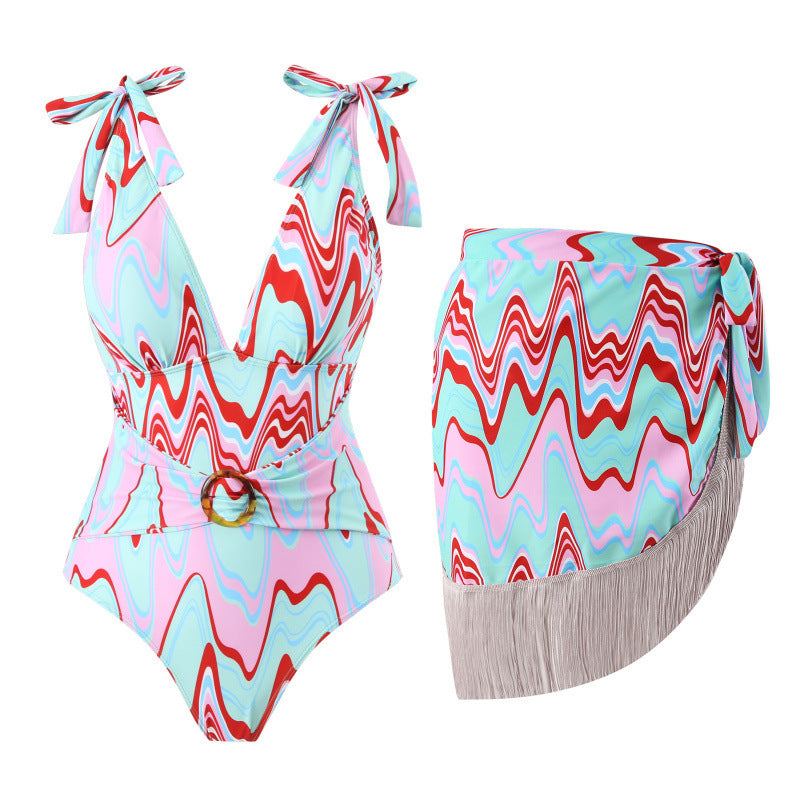 Dame bikini sæt med trendy indviklet nederdel og knyttende top Skovae