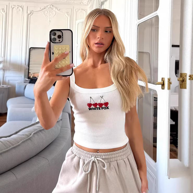 Dame Crop-top med kirsebærbroderi og elastisk bomuldsstof Skovae