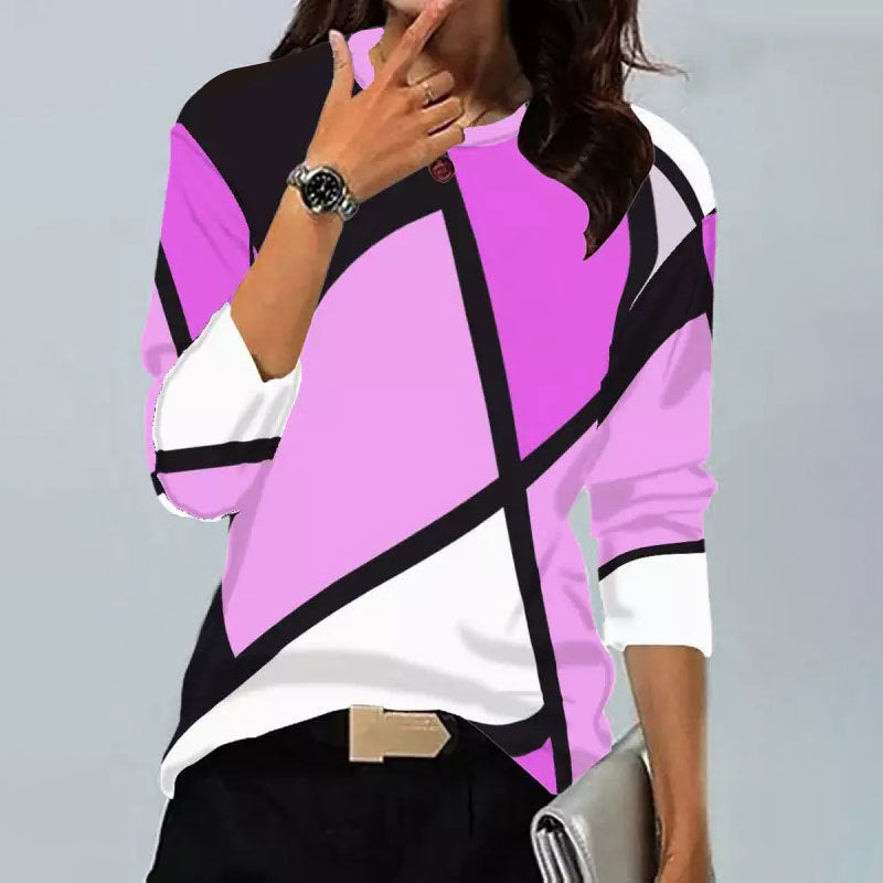 Stilla | Trendy Vintage Geometrisk Print Rund Hals Langærmet T-shirt