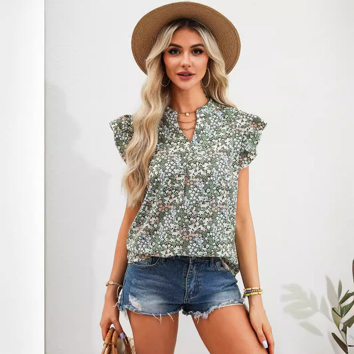 Dame Floralbluse med flæsedetaljer og nøgleudskæring Stilla