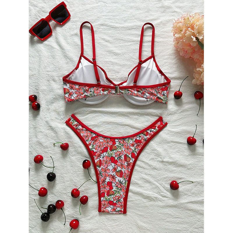 Dame Push-Up Bikini med blomsterdesign og justerbare stropper Skovae