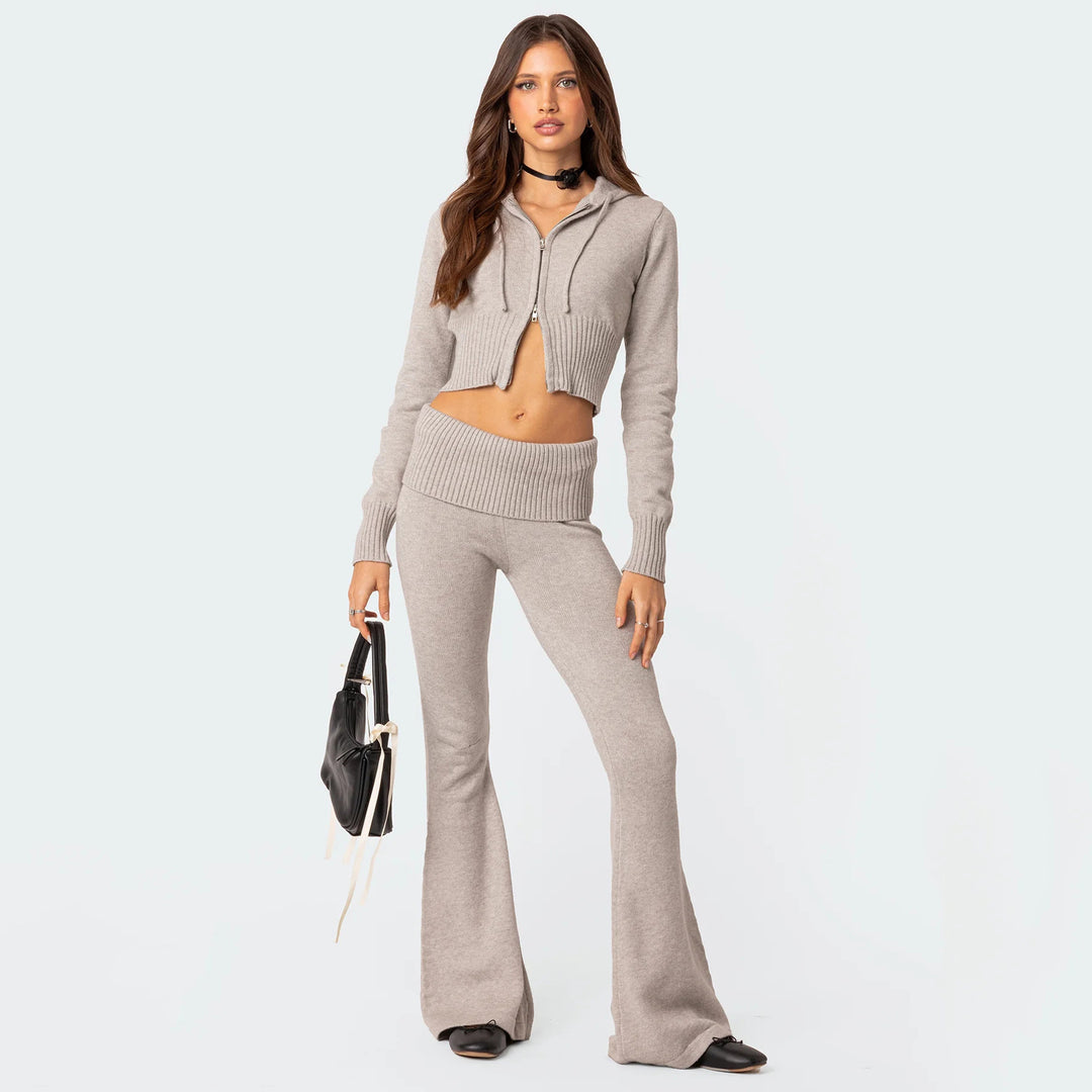 Damer fashion cropped strik sæt med flared bukser Stilla