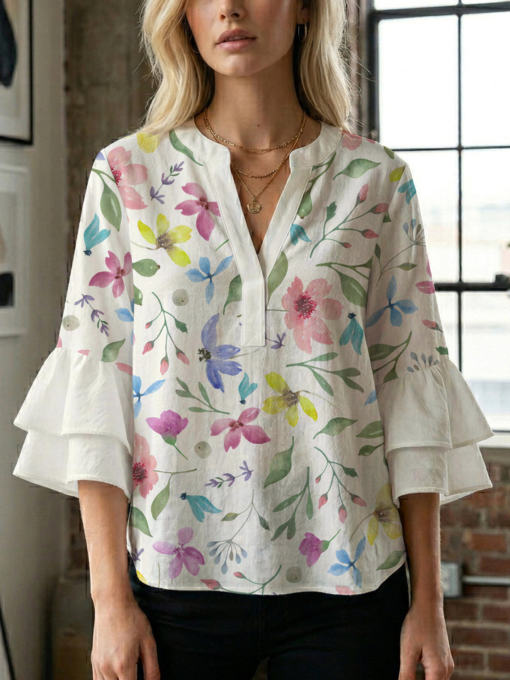 Dame skjorte med voluminøse ærmer og blomsterdesign Skovae