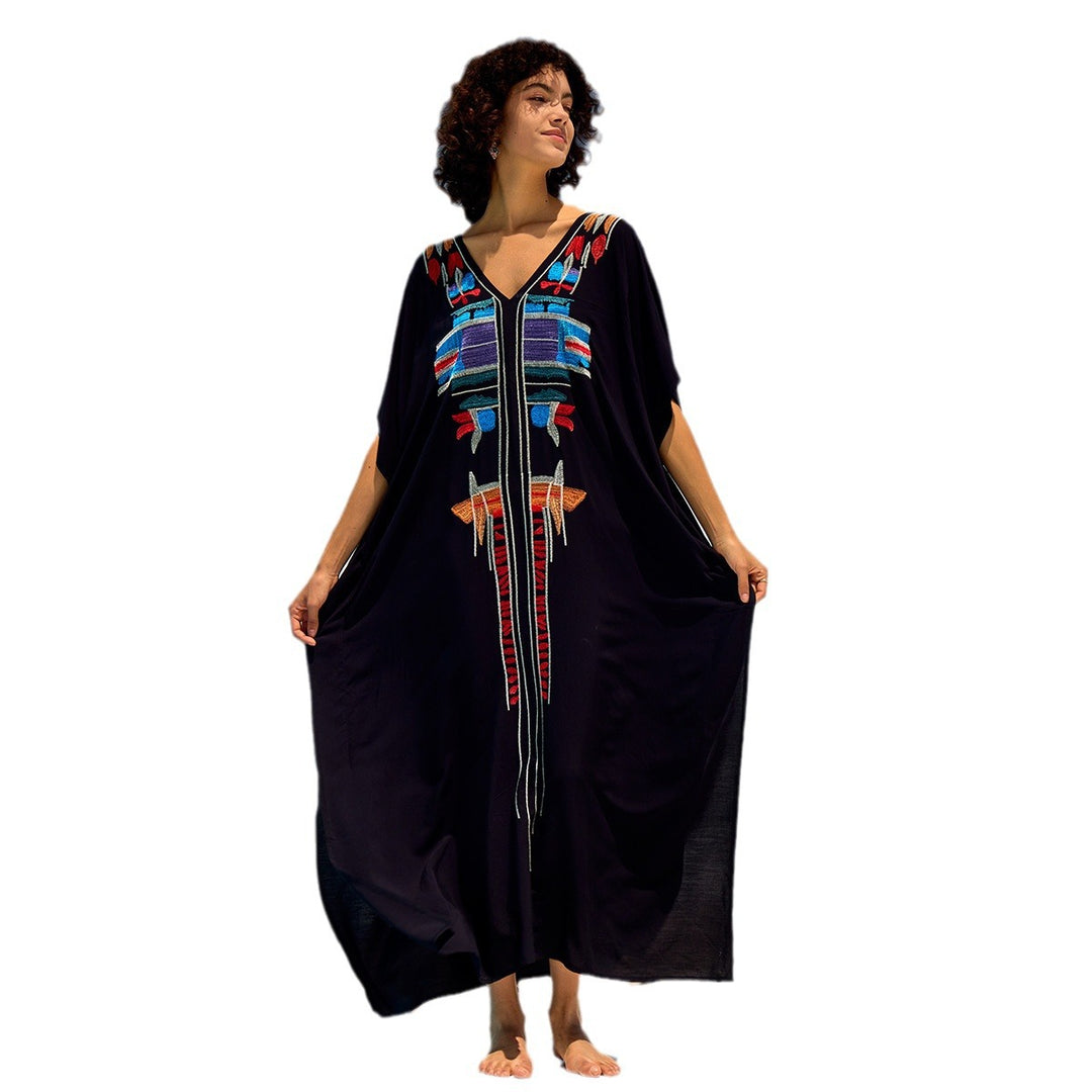 Dame Kaftan med kunstnerisk etnisk design og brede ærmer Stilla