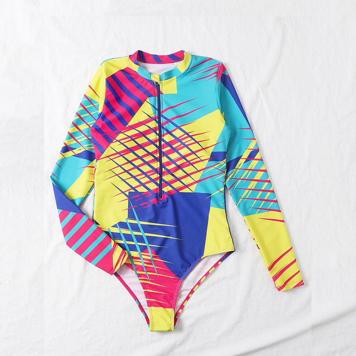 Dame Langærmet badedragt med lynlås og trendy geometrisk design Skovae