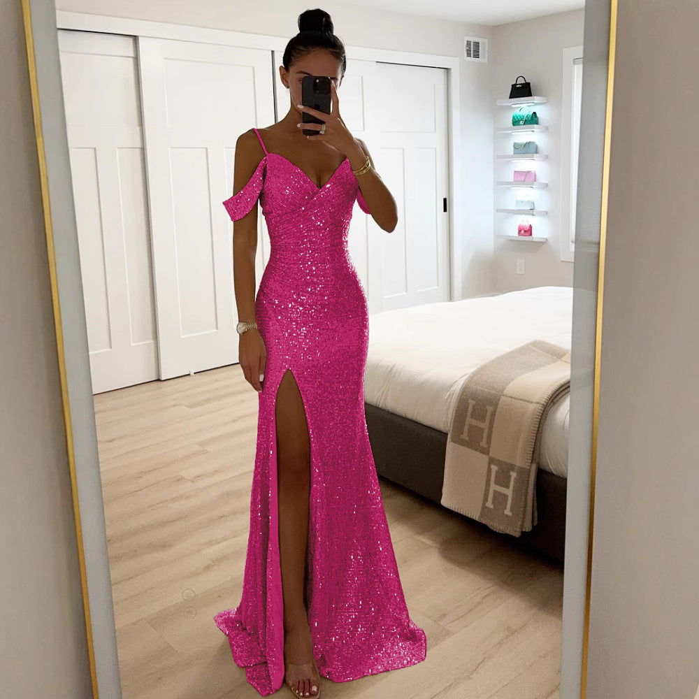 Dame Glamourøst Aftenkjole med glitrende Pailletdetaljer og elegant Slids Stiila