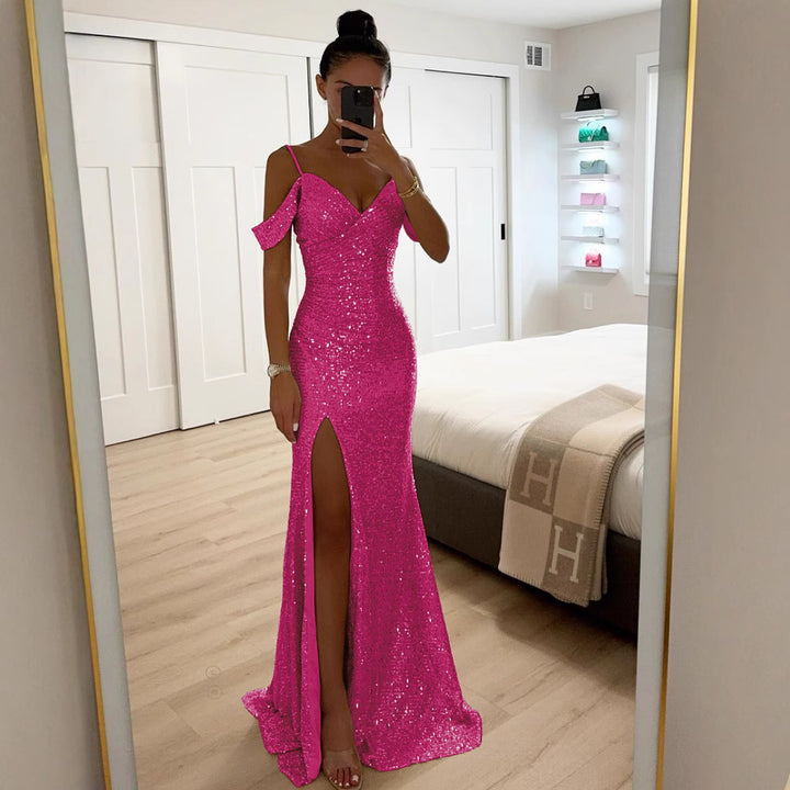 Dame Glamourøst Aftenkjole med glitrende Pailletdetaljer og elegant Slids Stiila