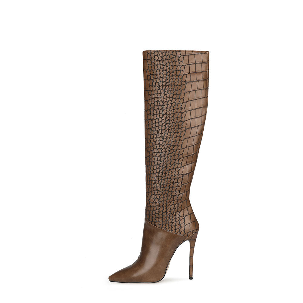 Femme Højglans Krokodille-Print Stiletto Støvler Stilla