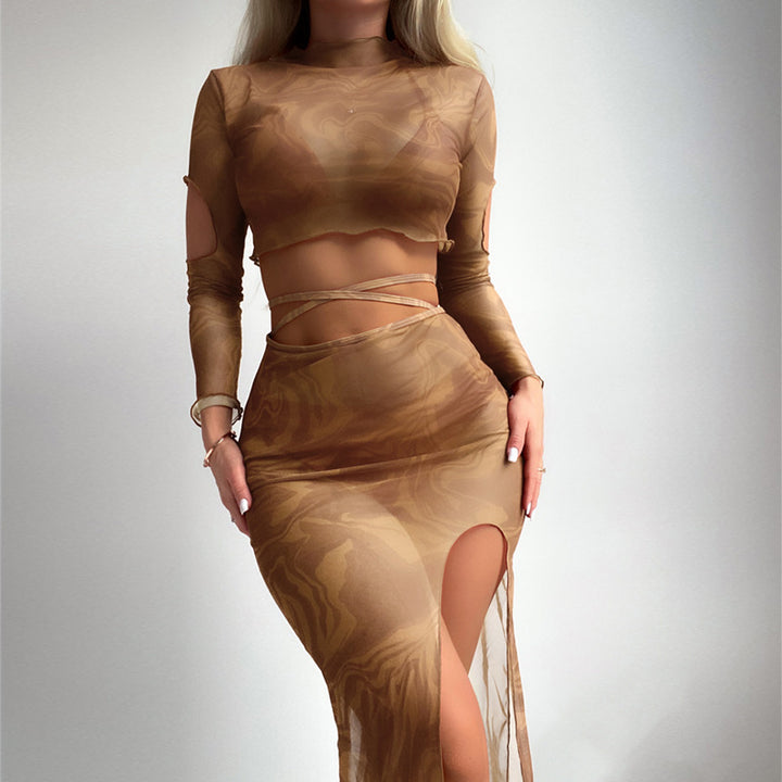 Damer elegant og transparent to-delt outfit med højskåret nederdel Skovae