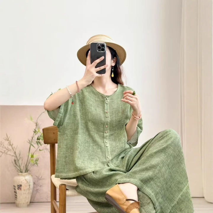 Femme Kortærmet-Linned-Knap-Op-Bluse Stilla