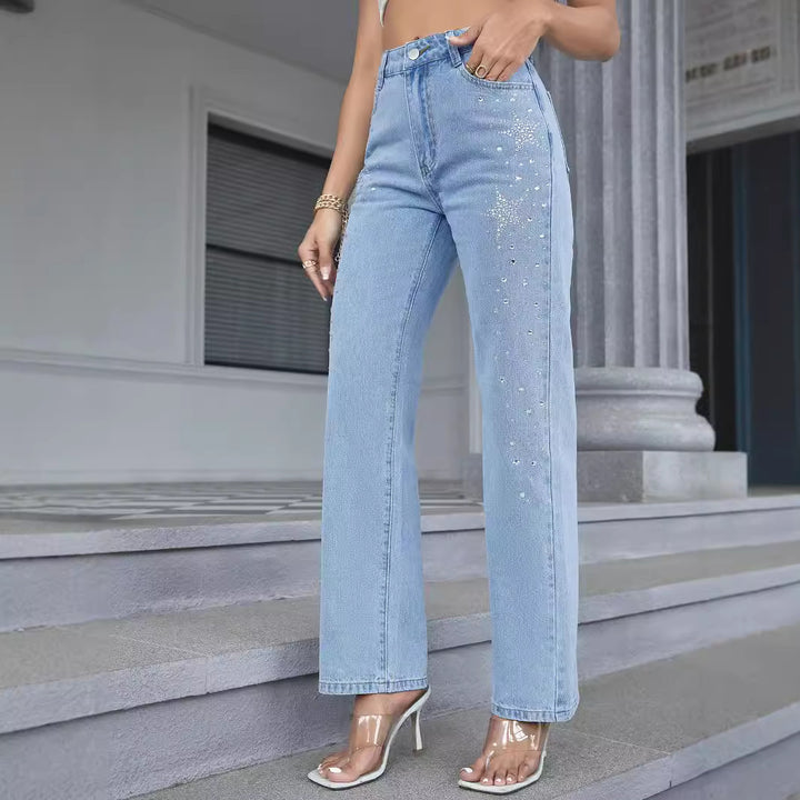 Dame fashionable High-Waist jeans med glitrende strassdetaljer Stilla