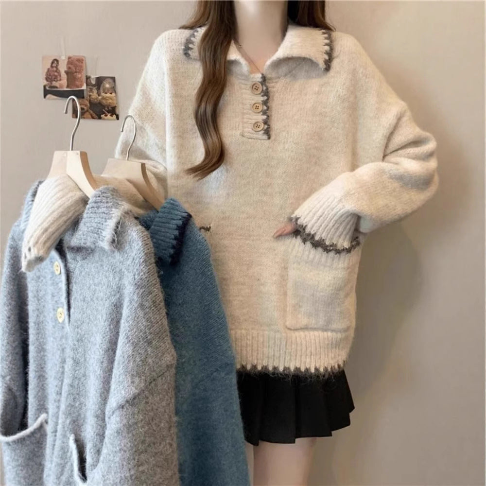 Kvindernes strikkede sweater med krave og knapdetaljer Stilla