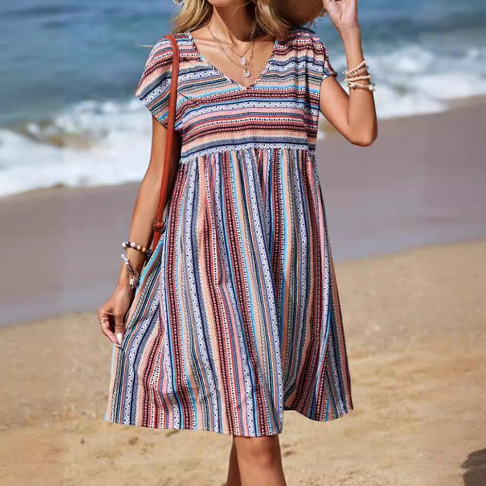 Stilla | Trendy Stribet Print V-Hals Batwing Ærme Kjole
