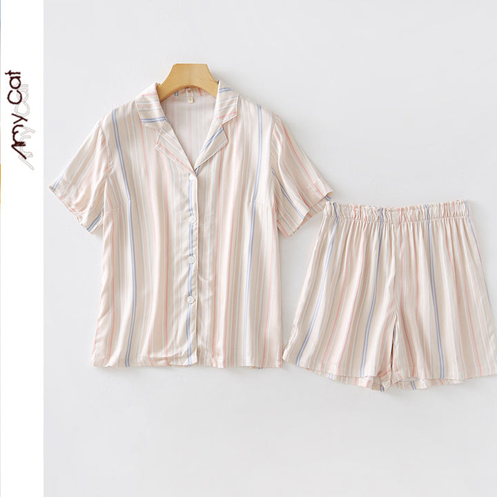 Dame Kortærmet Pyjama-Sæt med elegante striber og elastisk talje Stilla