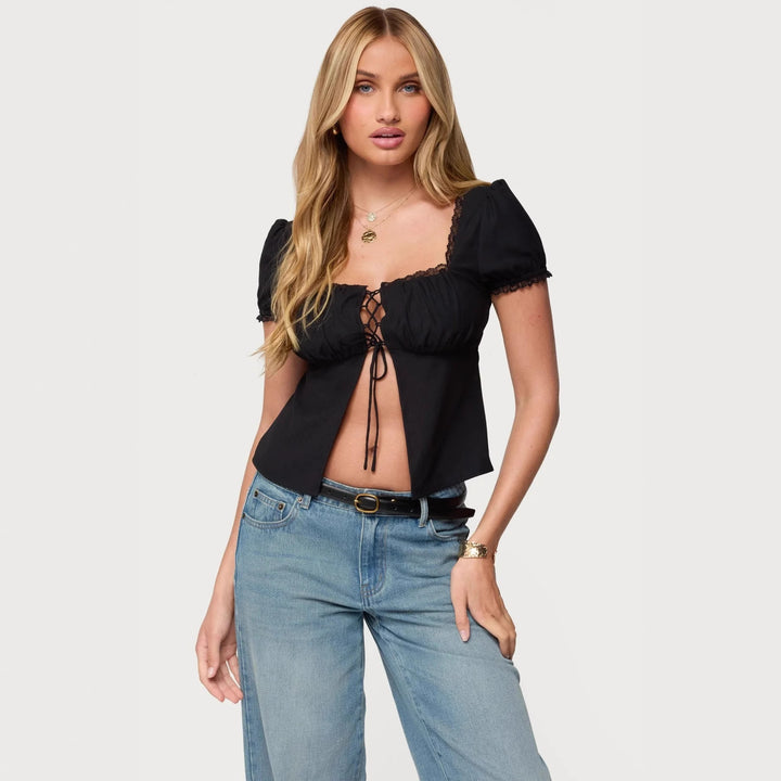 Dame Crop-top med spidsedetalje og snøredetalje Skovae