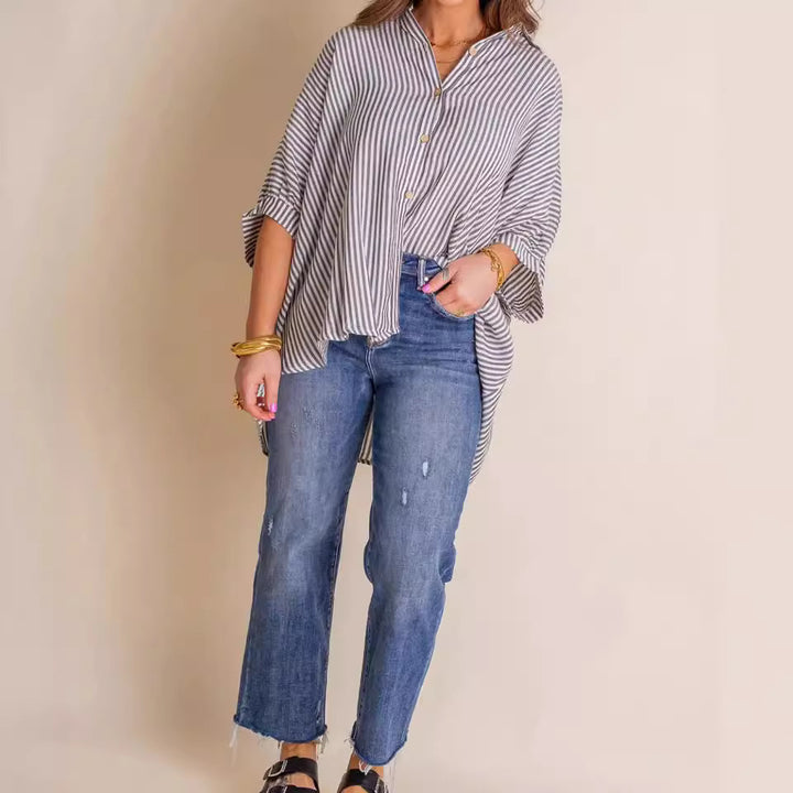 Dame afslappet stribet bluse med knapdetaljer og oversized snit Stilla