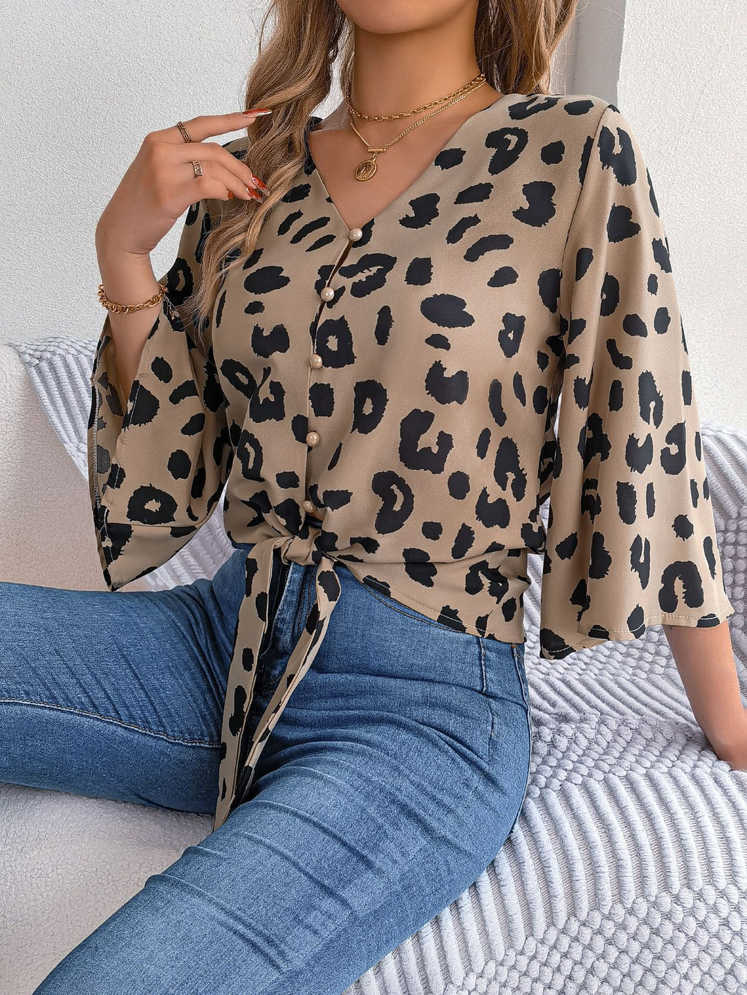 Dame Elegant Blusenskjorte med Leopardskprint og Knapdetalje Stilla