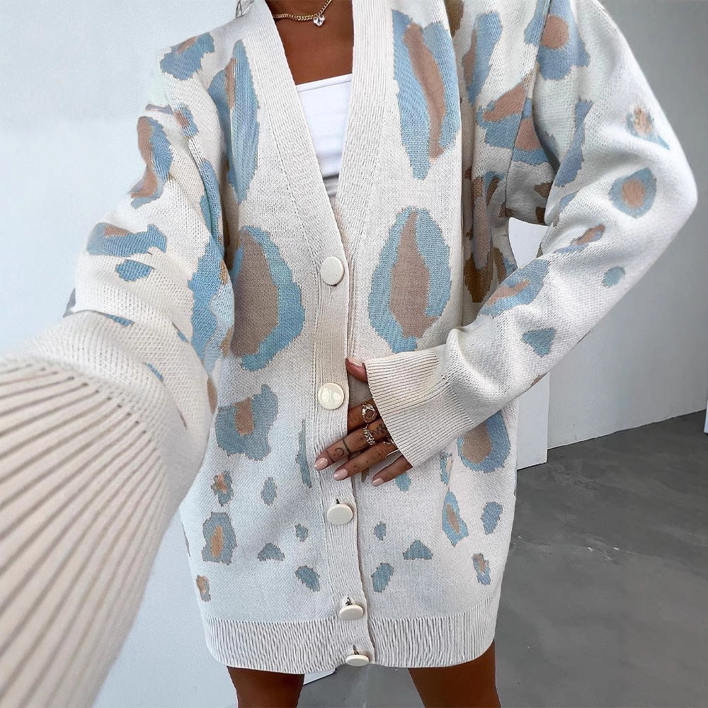 Dame hyggelig Cardigan med farverig Leopardprint Stilla
