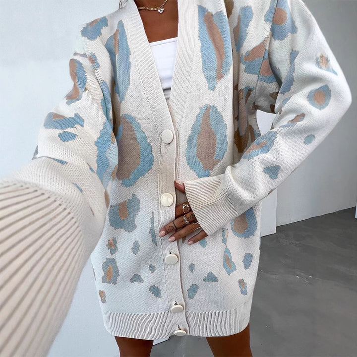 Dame hyggelig Cardigan med farverig Leopardprint Stilla
