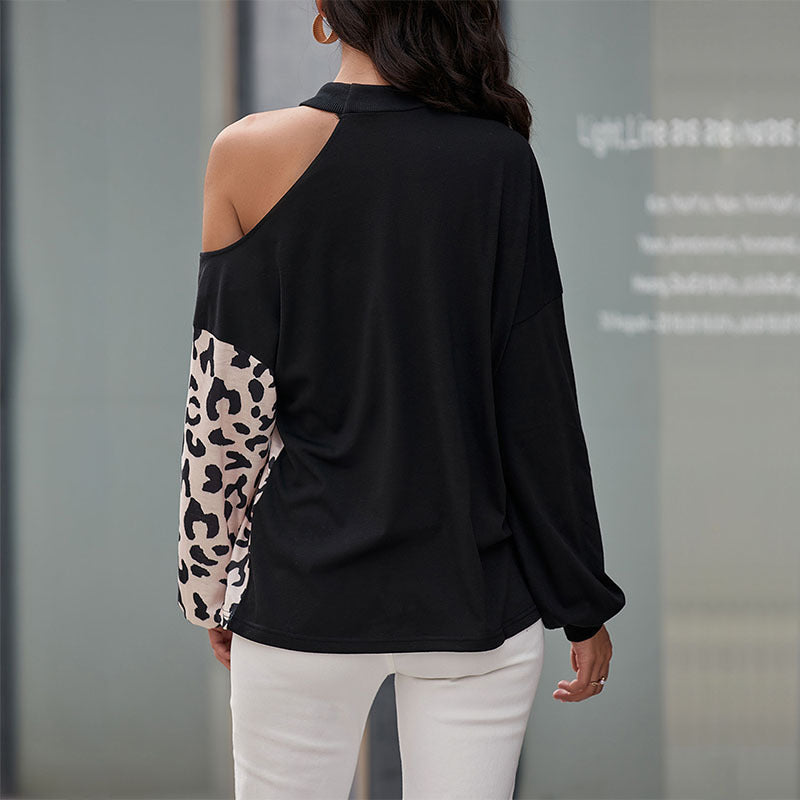 Kvindernes fashionable langærmet skjorte med leopardmønster og asymmetriske indlæg Stilla