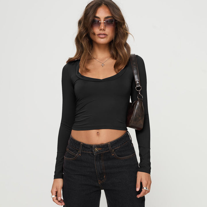 Dame Langærmet Crop-Top med dyb rund halsudskæring af blødt materiale Stilla