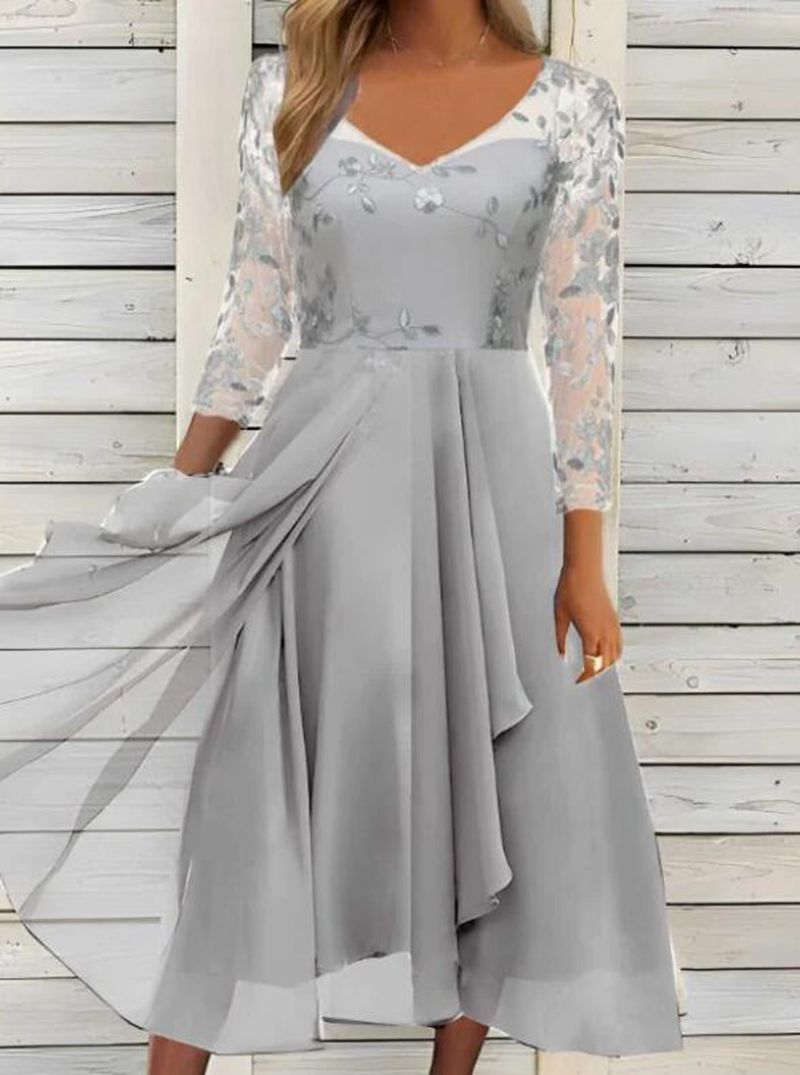 Dame nan V-hals chiffon midikjole med broderet bustier, gennemsigtige trekvartærmer og asymmetrisk lagkjole Skovae