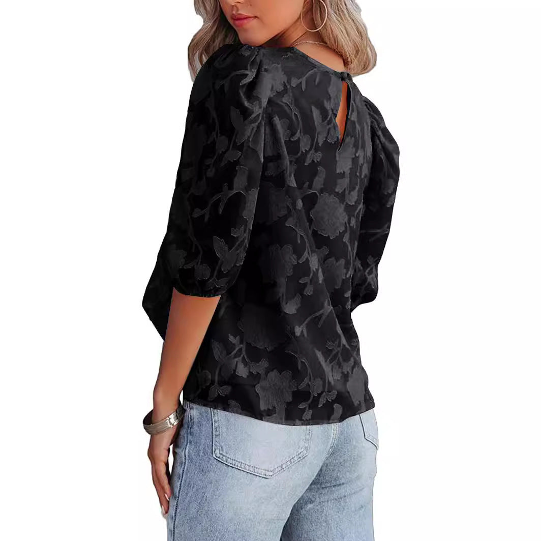 Damer Elegant Bluse med Puffærmer og floral Jacquard Stilla