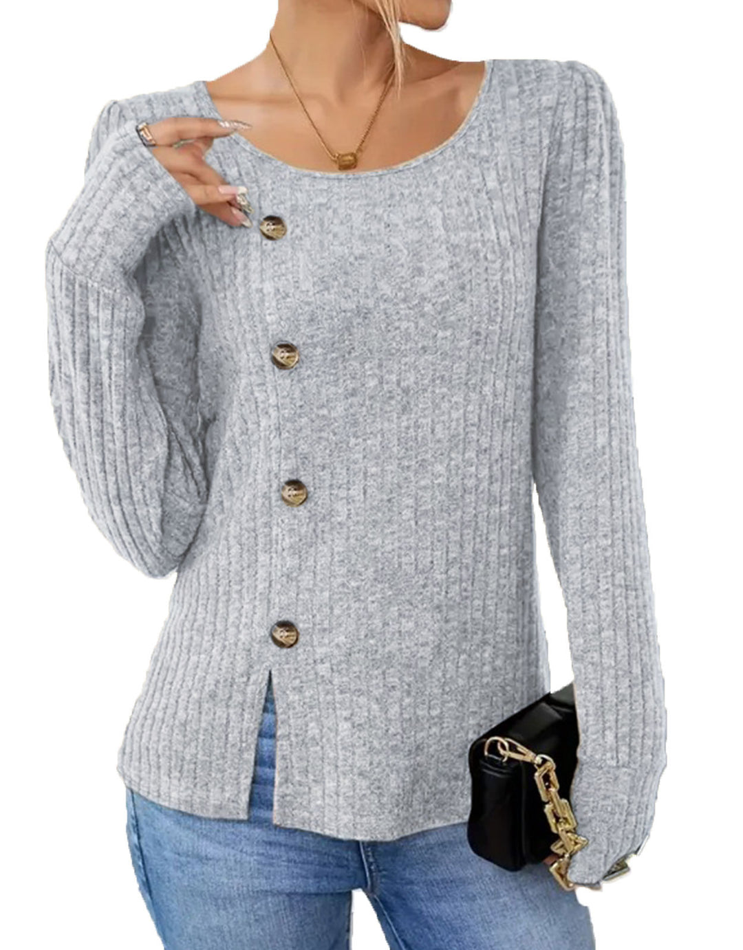 Dame finstrikket pullover med knaplukning og sidelommer Stilla