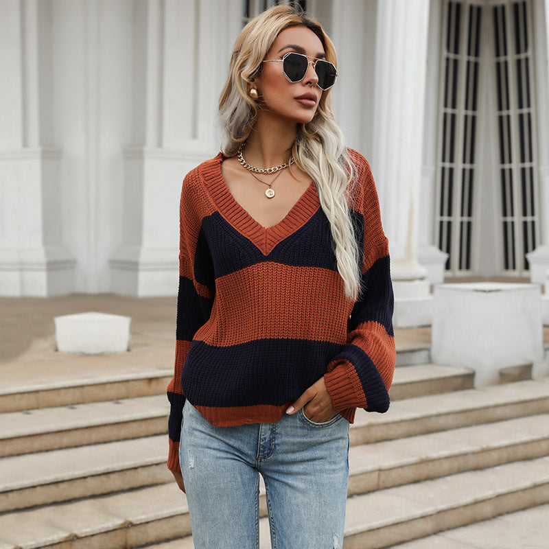 Kvinders oversized strikket sweater med V-hals og blokstriber Stilla