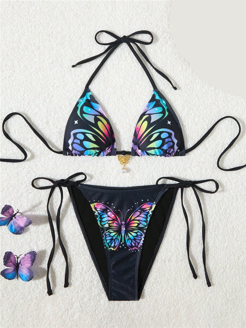 Dame trekant-bikini-sæt med farverigt sommerfugl-design og dobbelt knytbånd Stilla