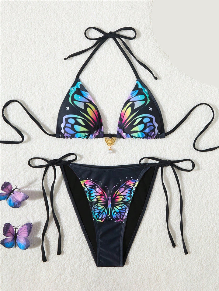 Dame trekant-bikini-sæt med farverigt sommerfugl-design og dobbelt knytbånd Stilla