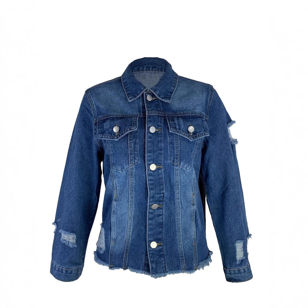 Dame Denimjakke med afslappet snit og flosset kant Stilla