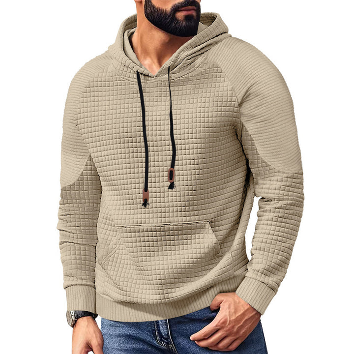 Herren nan kvadratstruktureret hættepullover i quiltet look med kængurulomme, raglanærmer og snor.