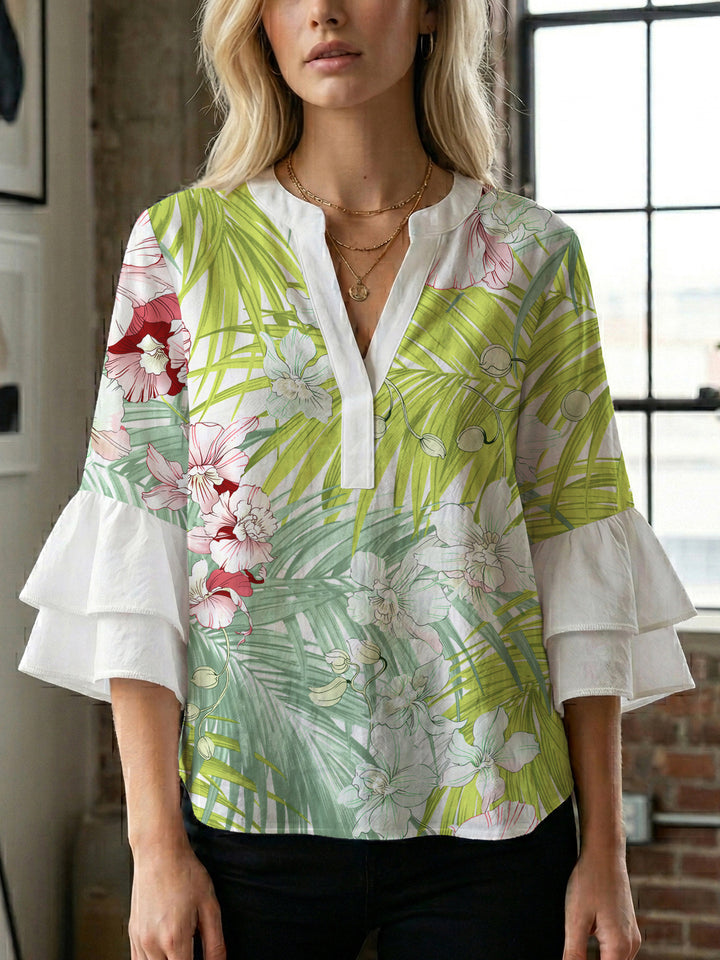 Dame elegant bluser med voluminøse rucheærmer og grafisk blomsterdesign Skovae