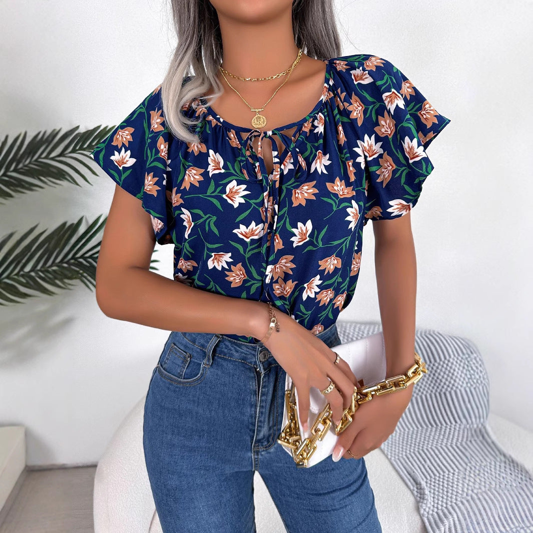 Damebluse med blomsterprint og elastiske ærmer Stilla