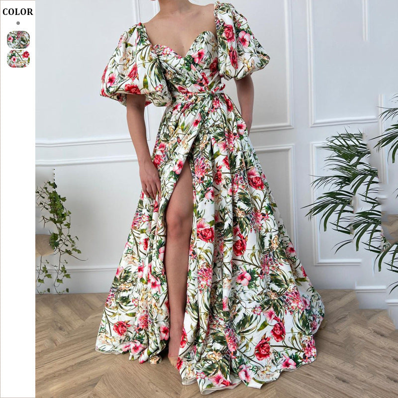 Dame Elegant Maxikjole med blomsterprint og voluminøse pufærmer Stilla