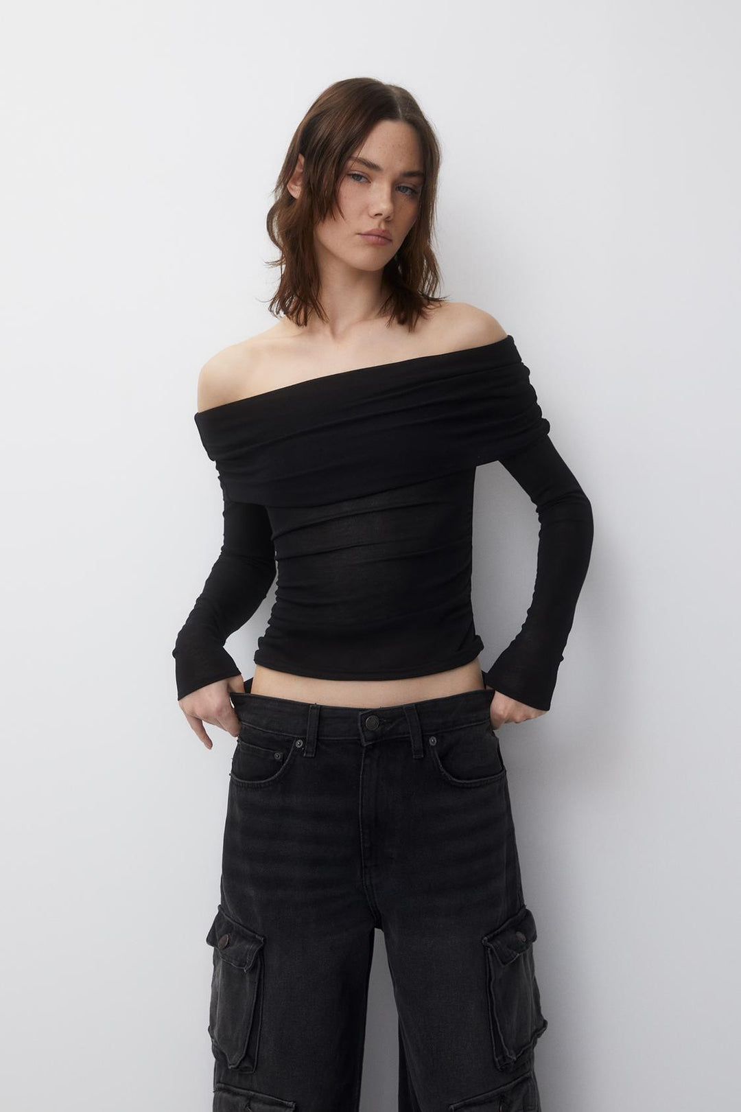 Dame Figurtilpasset Off-Shoulder Overdel med Rynk Stil