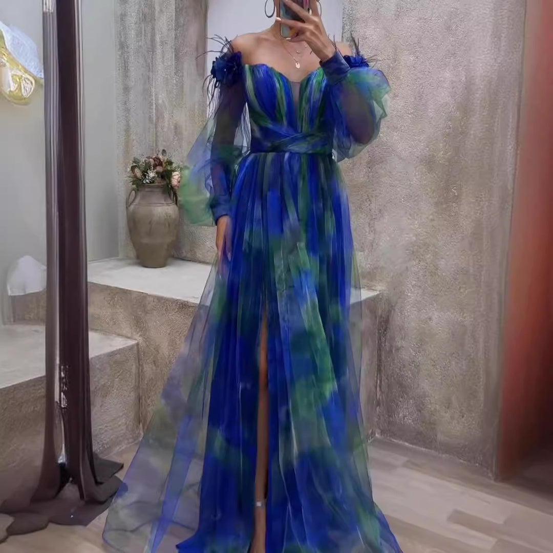 Kvinders Off-Shoulder Maxi Kjole med Blomsterdesign og Gennemsigtige Flæse Detaljer