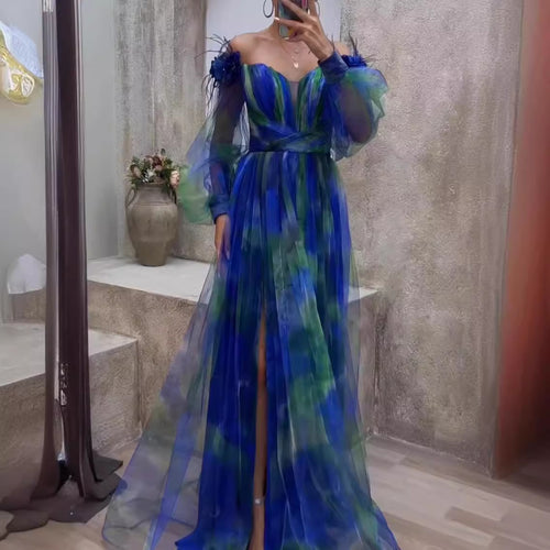 Kvinders Off-Shoulder Maxi Kjole med Blomsterdesign og Gennemsigtige Flæse Detaljer