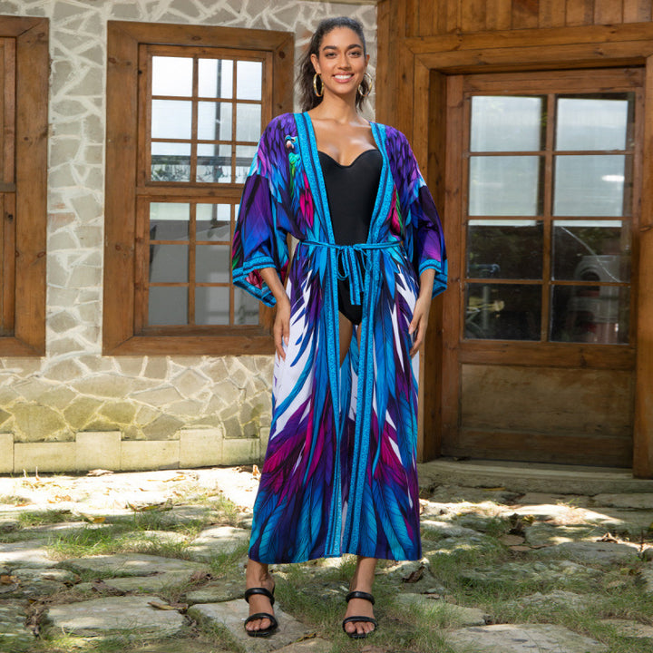 Dame Schal-Kimono med livlige fjerdesigns Stilla