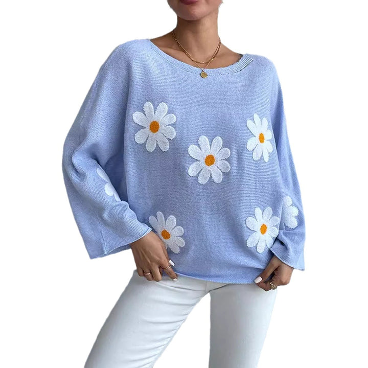 Kvindernes strikkede sweater med legende blomsterdesign og løs pasform Stilla