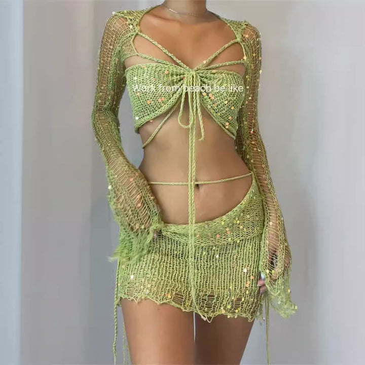 Dame Crop-Top med glitrende pailletter og lange bånd Stilla