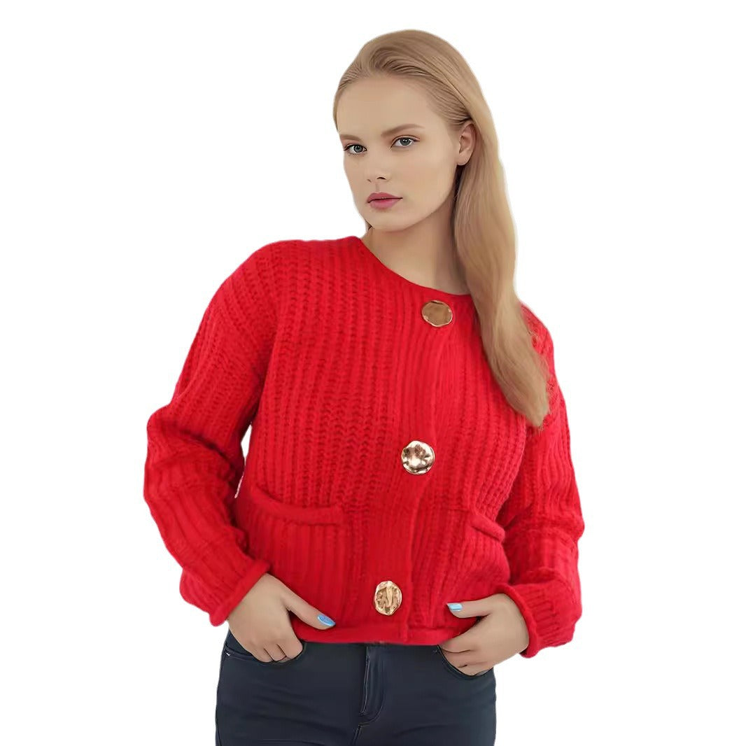 Kvinders hyggelige cardigan med store knapper og lomme med klap Stilla