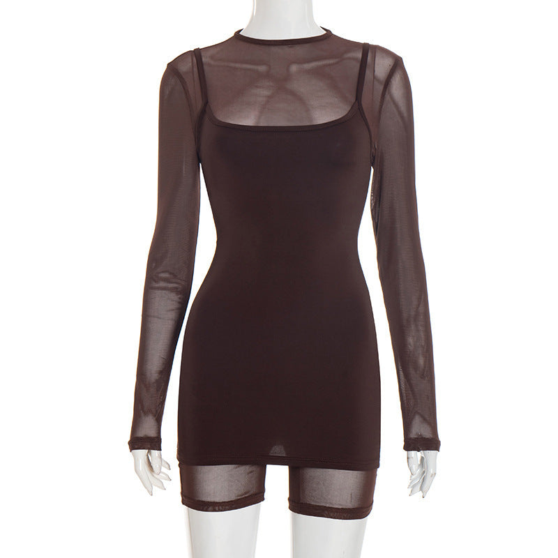 Damen Körperbetontes Longsleeve-Overall mit transparenten Ärmeln und figurformendem Schnitt Skovae