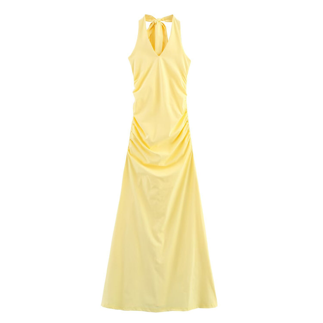 Femme Elegant Halter Neck Maxi Kjole med Rynkning Detaljering Stilla
