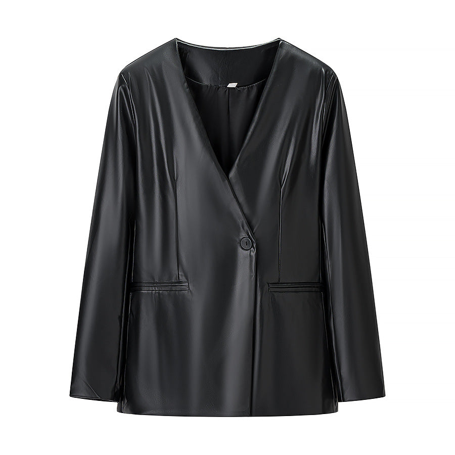 Dame faux læder blazer jakke med subtile lommer og moderne snit Stilla