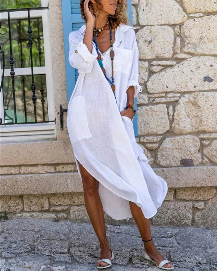 Dame Langt Sommerkjole med High-Low-Hem og Lommer Stilla
