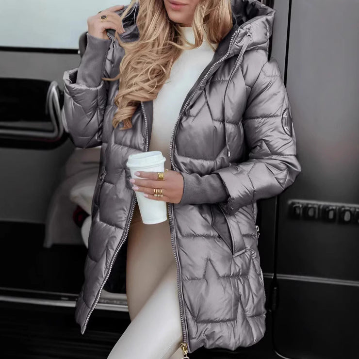 Femme Isoleret Langærmet Puffermantel med Justerbar Hue og Metallic-Finish Stilla