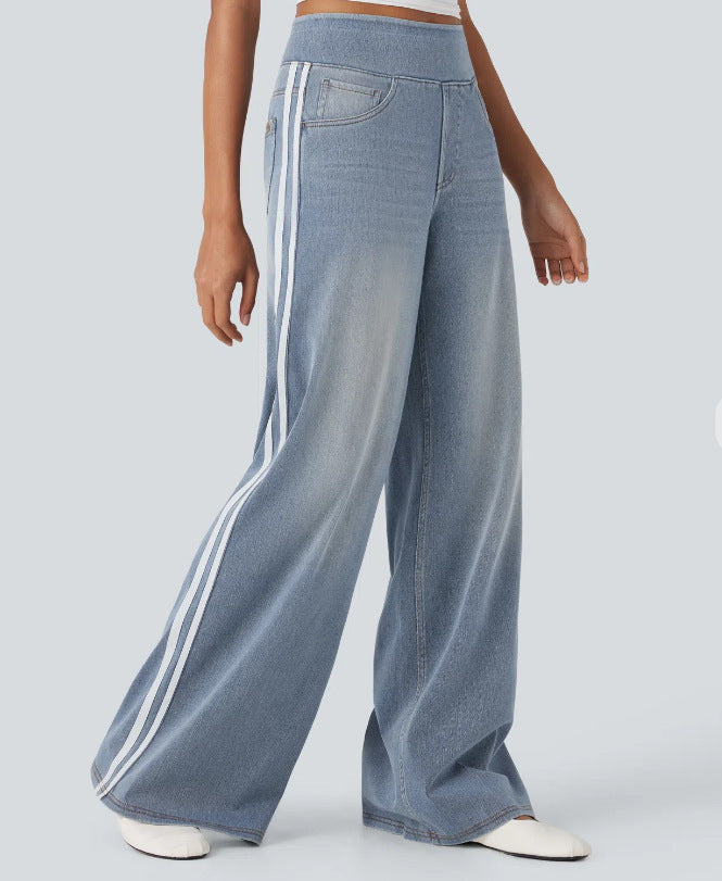 Dame nan brede Sweatpant i jeanslook med sidelange kontraststriber og komfortbånd Skovae